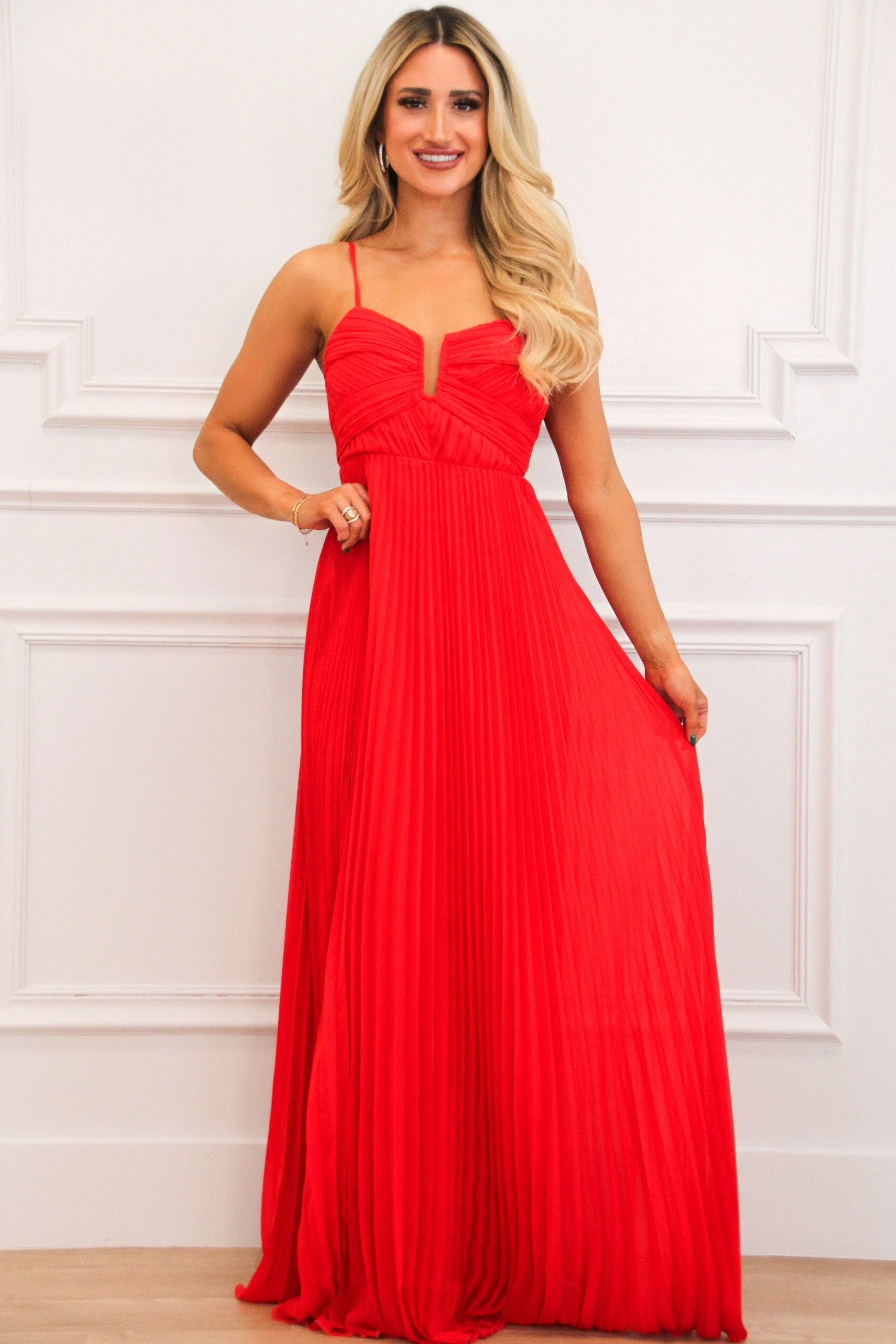 Kinsleigh Pleated Maxi Dress: Red sold by Bella and Bloom