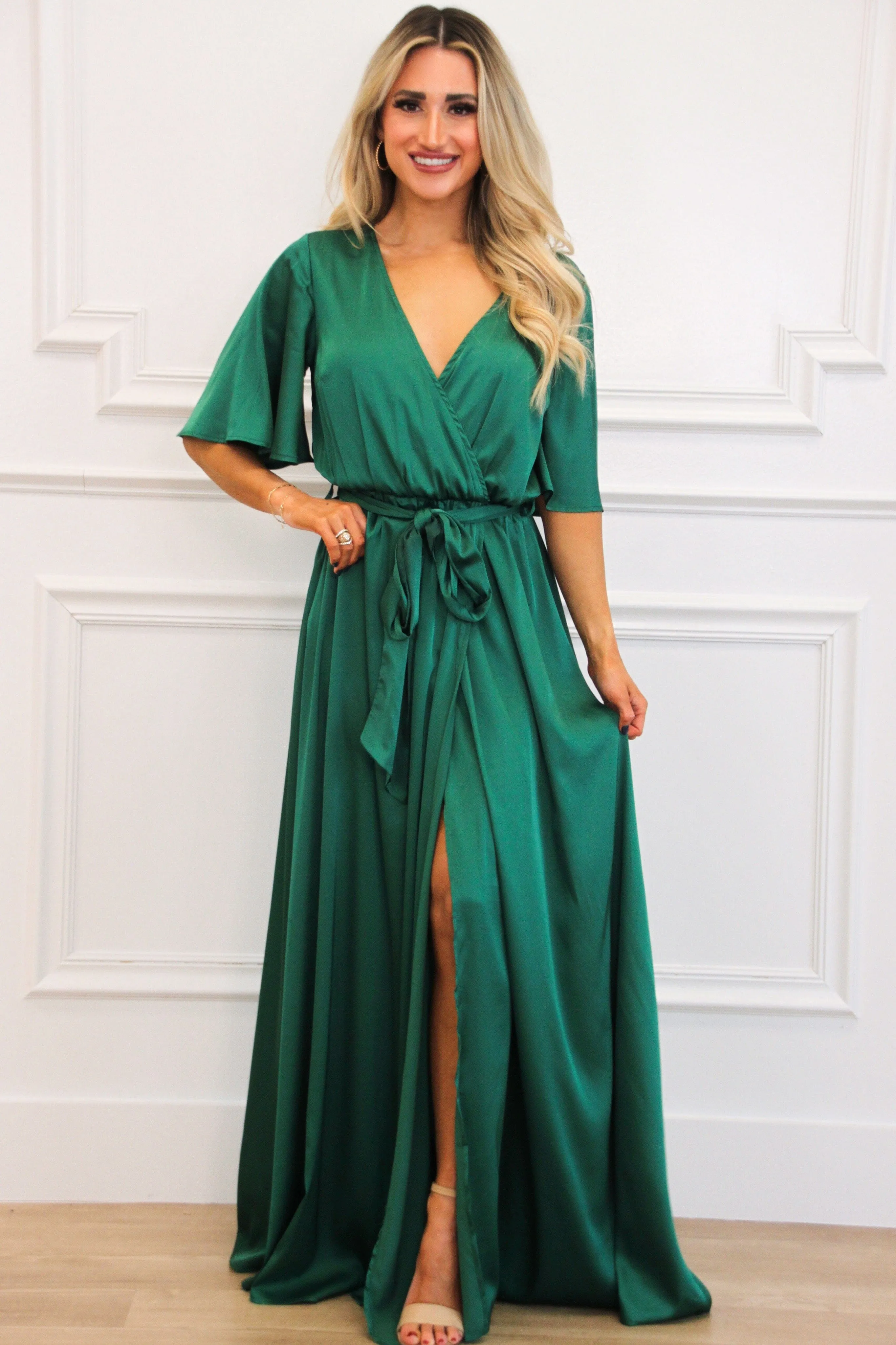 Raleigh Satin Maxi Dress: Green sold by Bella and Bloom
