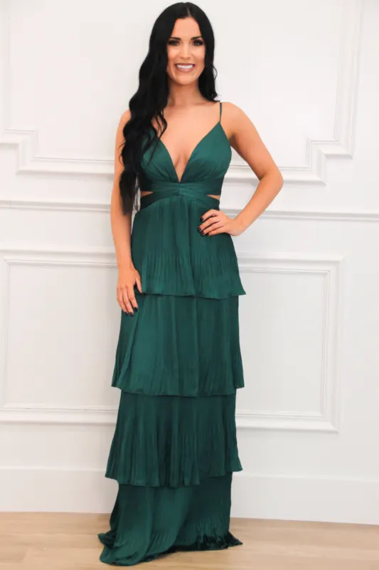 Lavish Love Satin Ruffle Maxi Dress: Hunter Green sold by Bella and Bloom