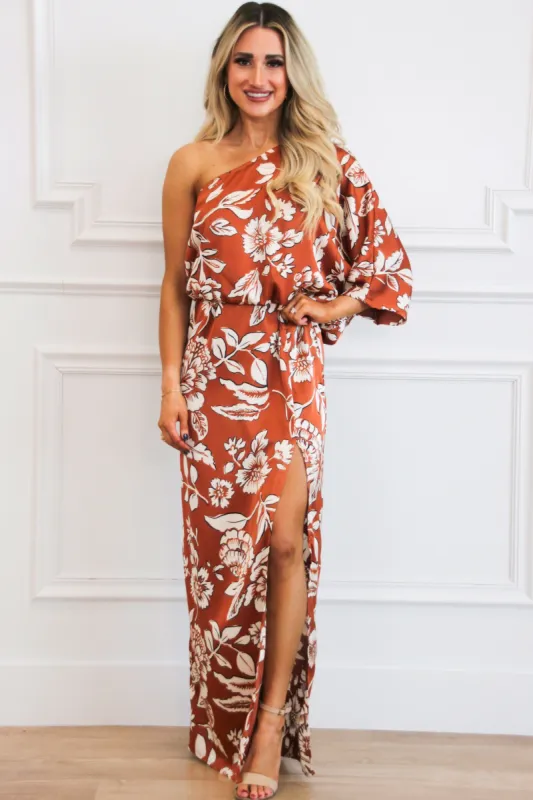 Layce Floral Satin One Shoulder Maxi Dress: Rust sold by Bella and Bloom