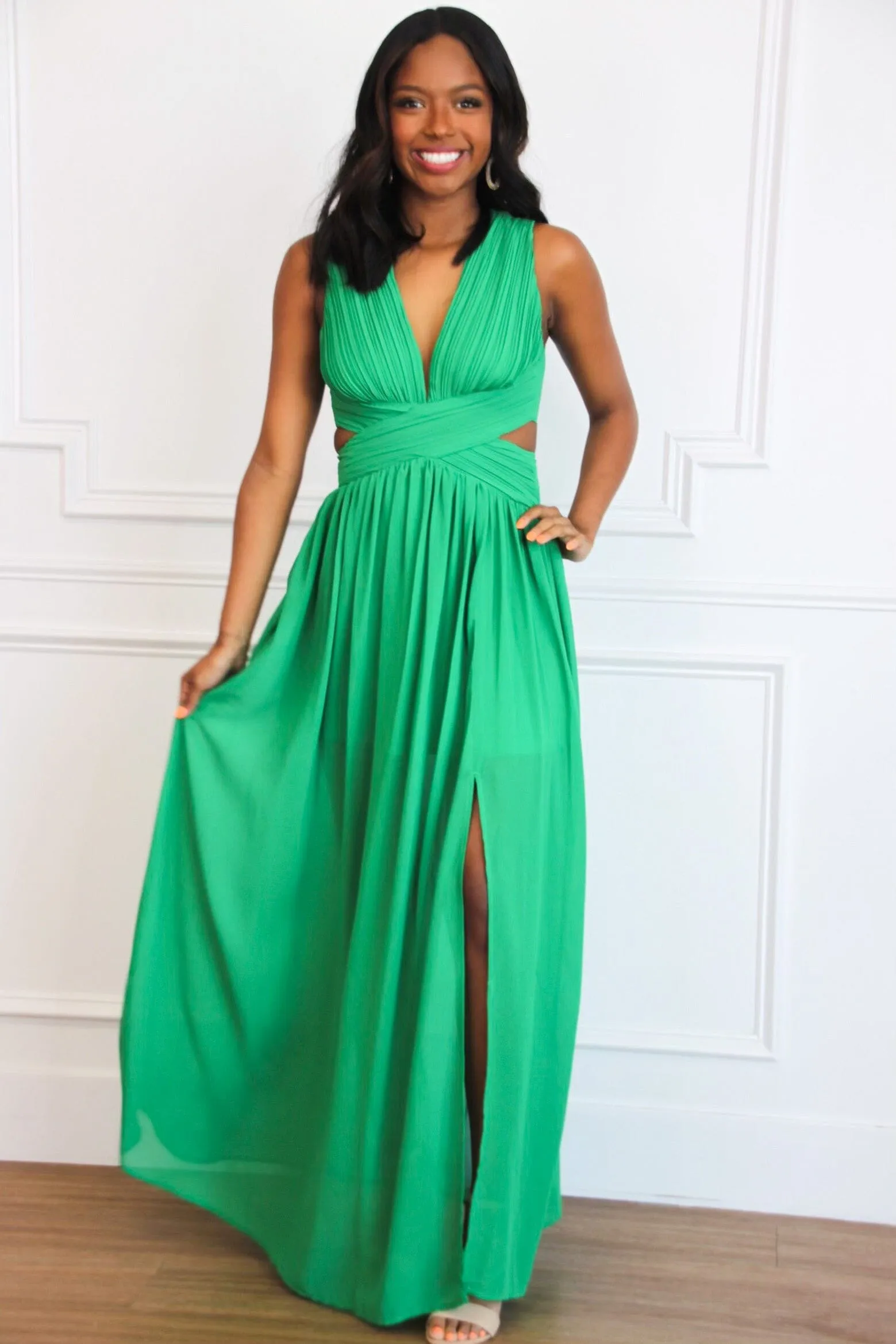 Gone With the Wind Cutout Maxi Dress: Kelly Green sold by Bella and Bloom