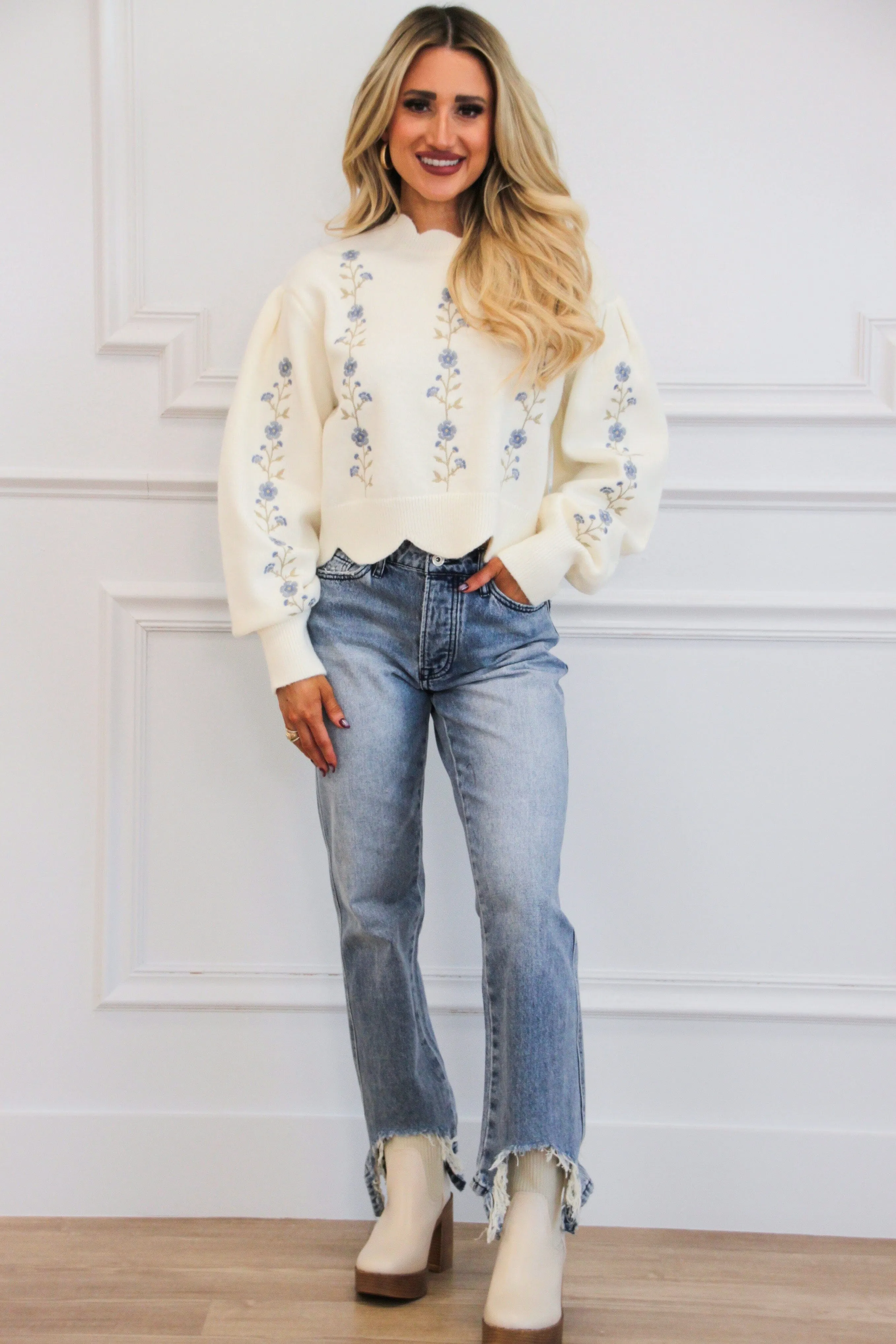 Tensley Floral Embroidered Scalloped Sweater: Cream sold by Bella and Bloom