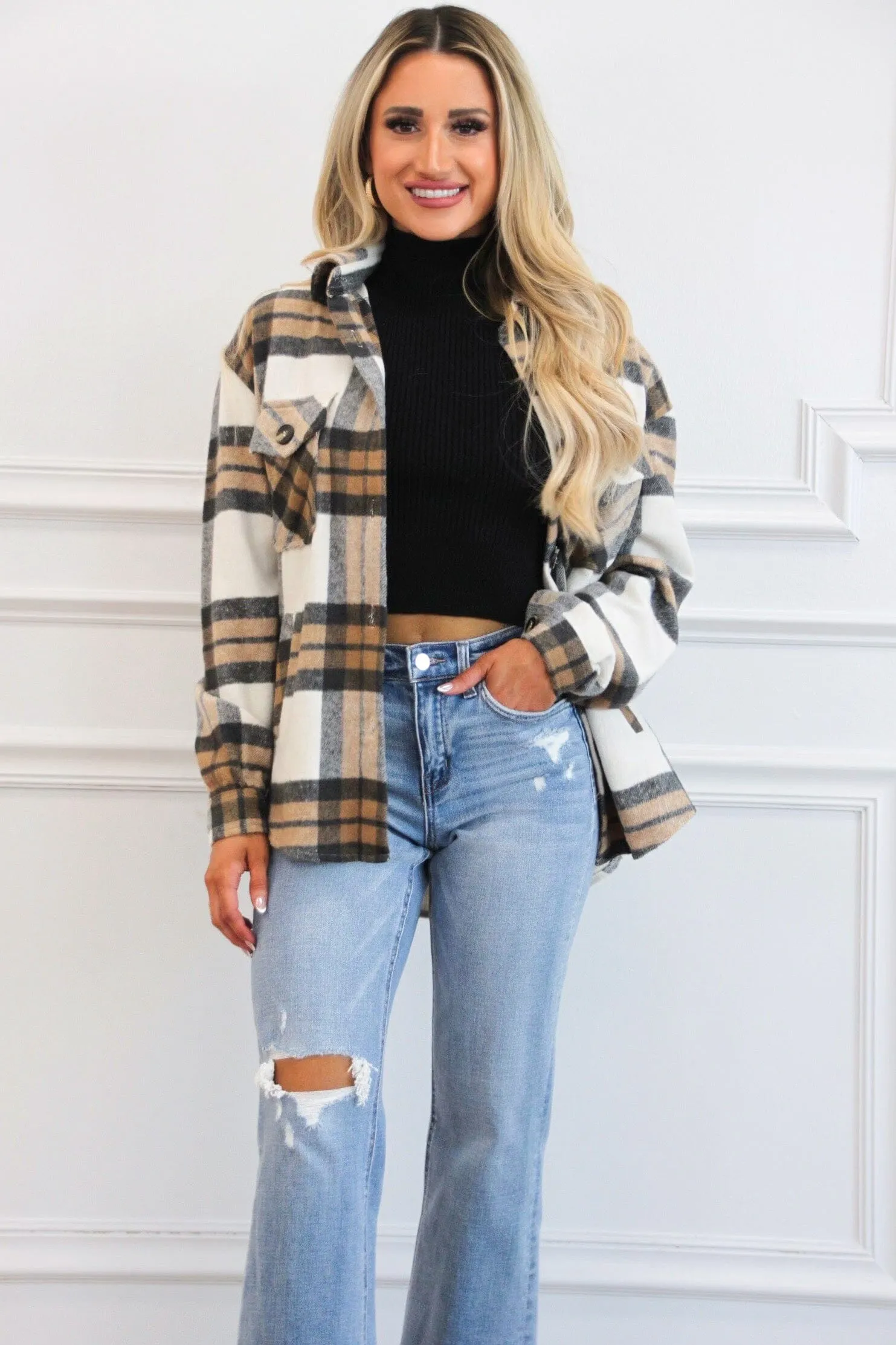 Gone Tomorrow Plaid Shacket: Camel sold by Bella and Bloom product image thumbnail 2