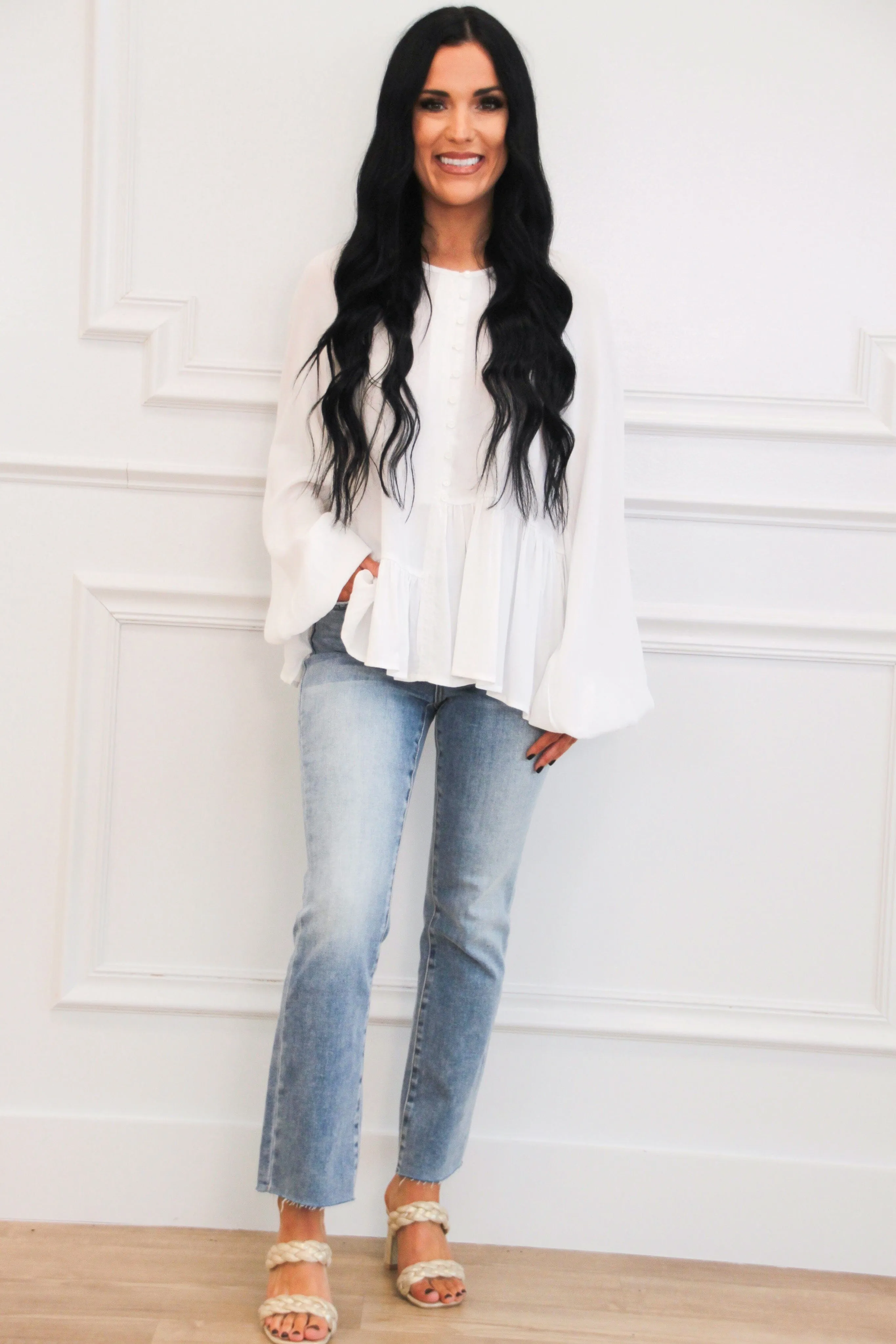 Every Day Classic Ruffle Button Top: White sold by Bella and Bloom