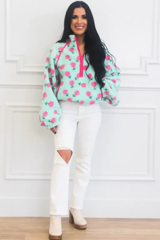 Sweetest Girl Sherpa Floral Quarter Zip Pullover: Mint sold by Bella and Bloom