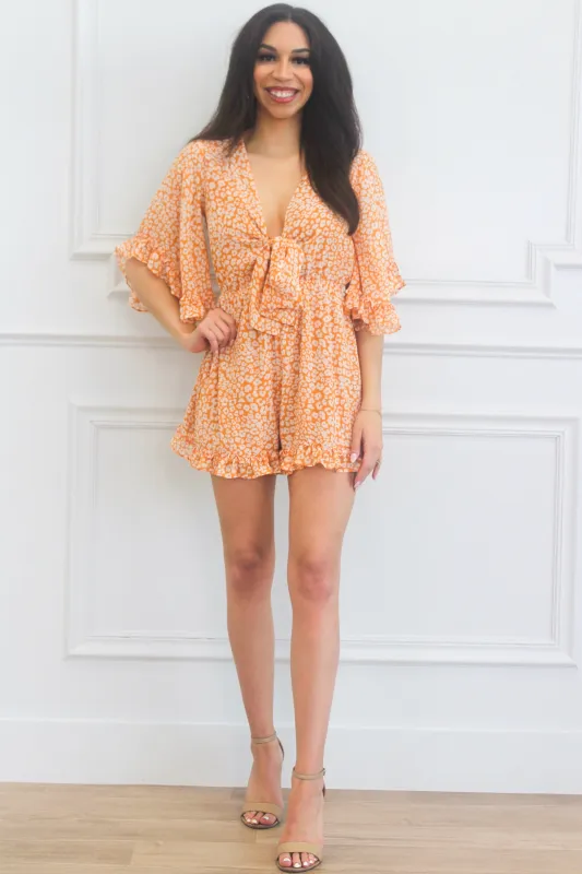 Spotted Crush Tie Romper: Orange sold by Bella and Bloom