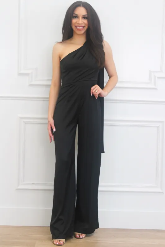 Everlyn One Shoulder Satin Sash Jumpsuit: Black sold by Bella and Bloom