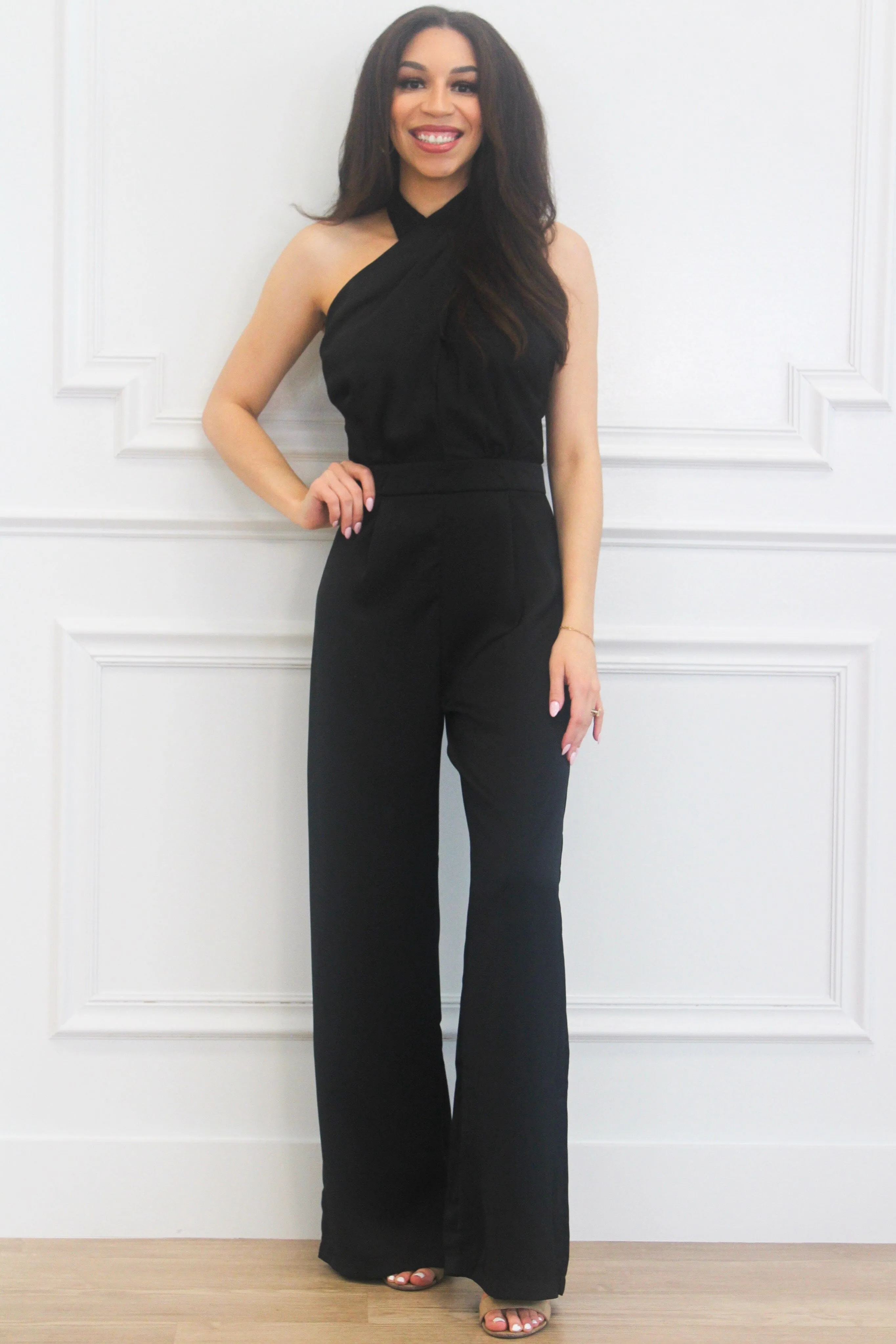 Ready For Fun High Neck Satin Jumpsuit: Black sold by Bella and Bloom