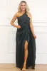 Madeline One Shoulder Satin Maxi Dress: Hunter Green sold by Bella and Bloom