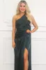 Madeline One Shoulder Satin Maxi Dress: Hunter Green sold by Bella and Bloom