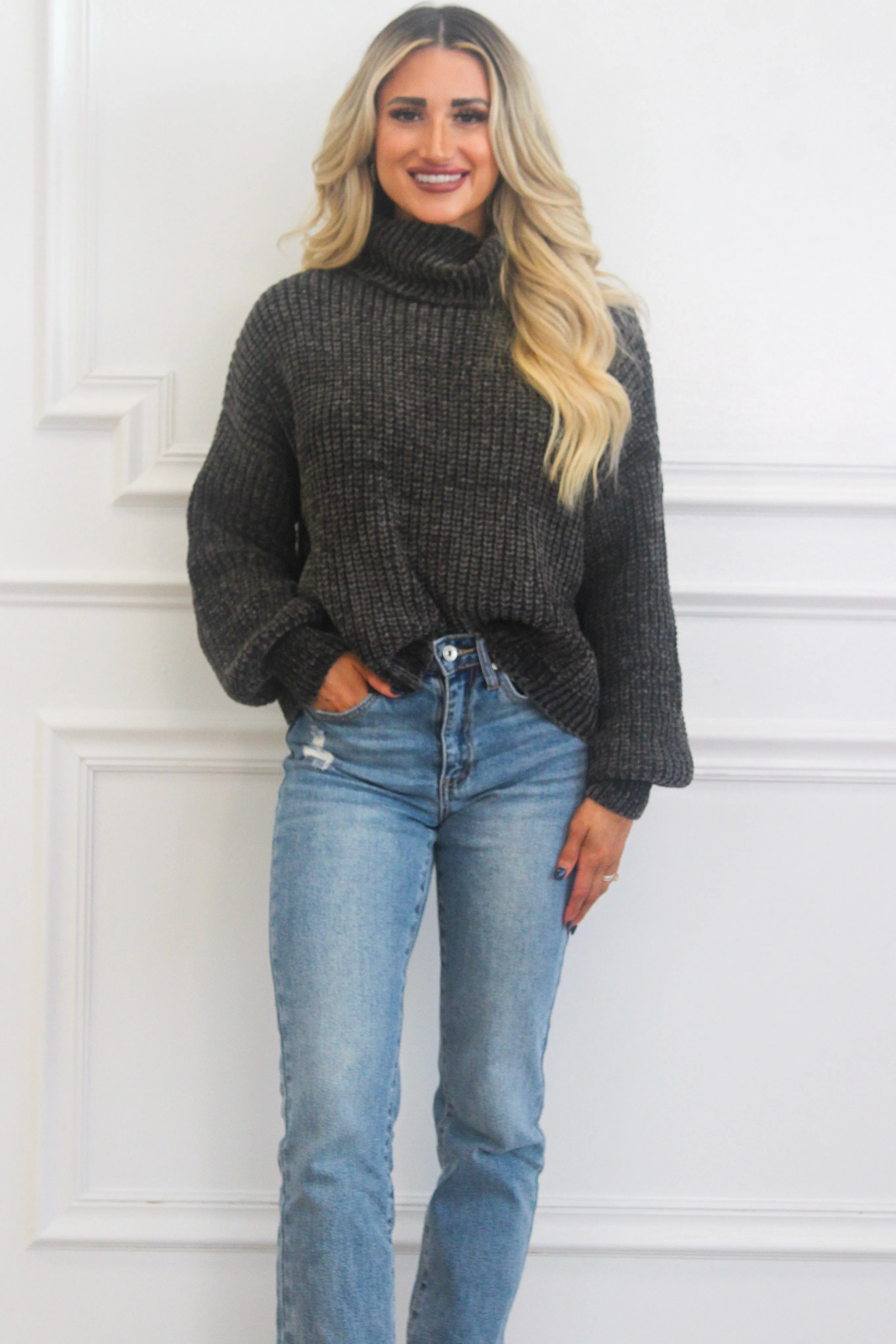 Winter Wishes Chenille Cropped Sweater: Charcoal sold by Bella and Bloom product image thumbnail 2
