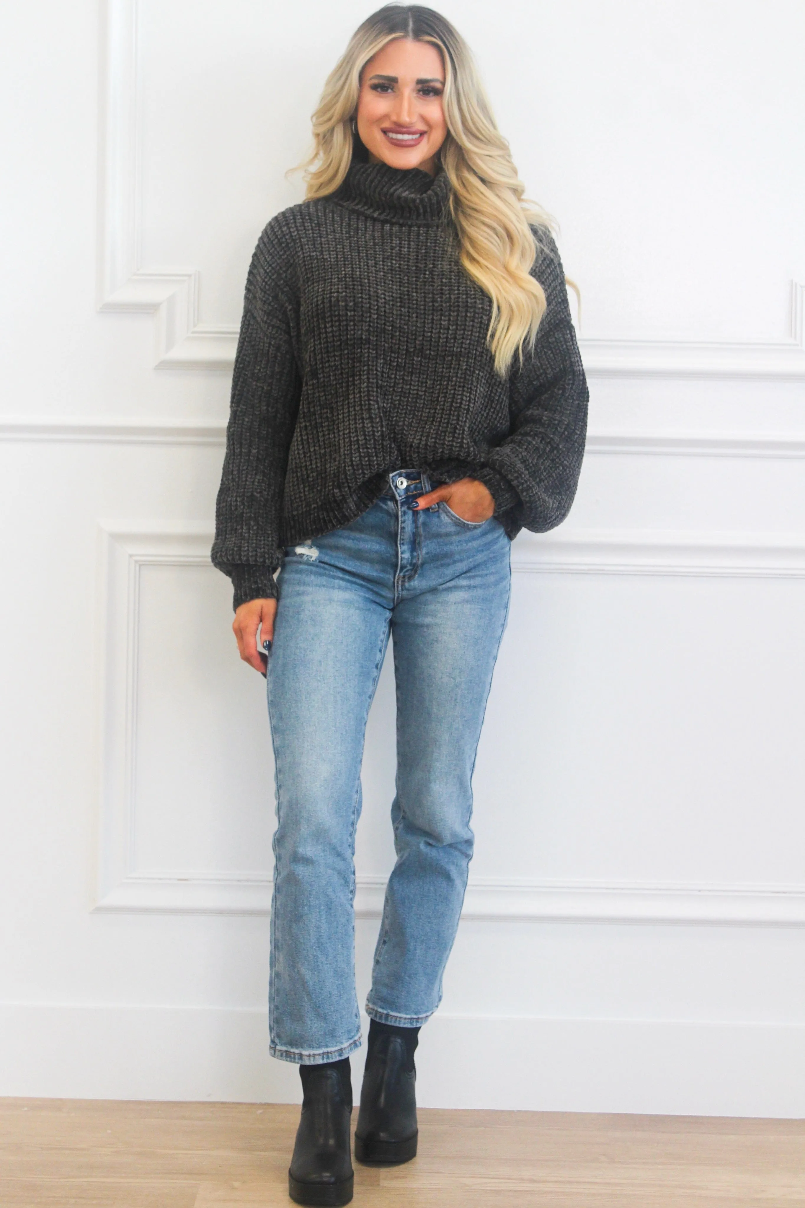 Winter Wishes Chenille Cropped Sweater: Charcoal sold by Bella and Bloom