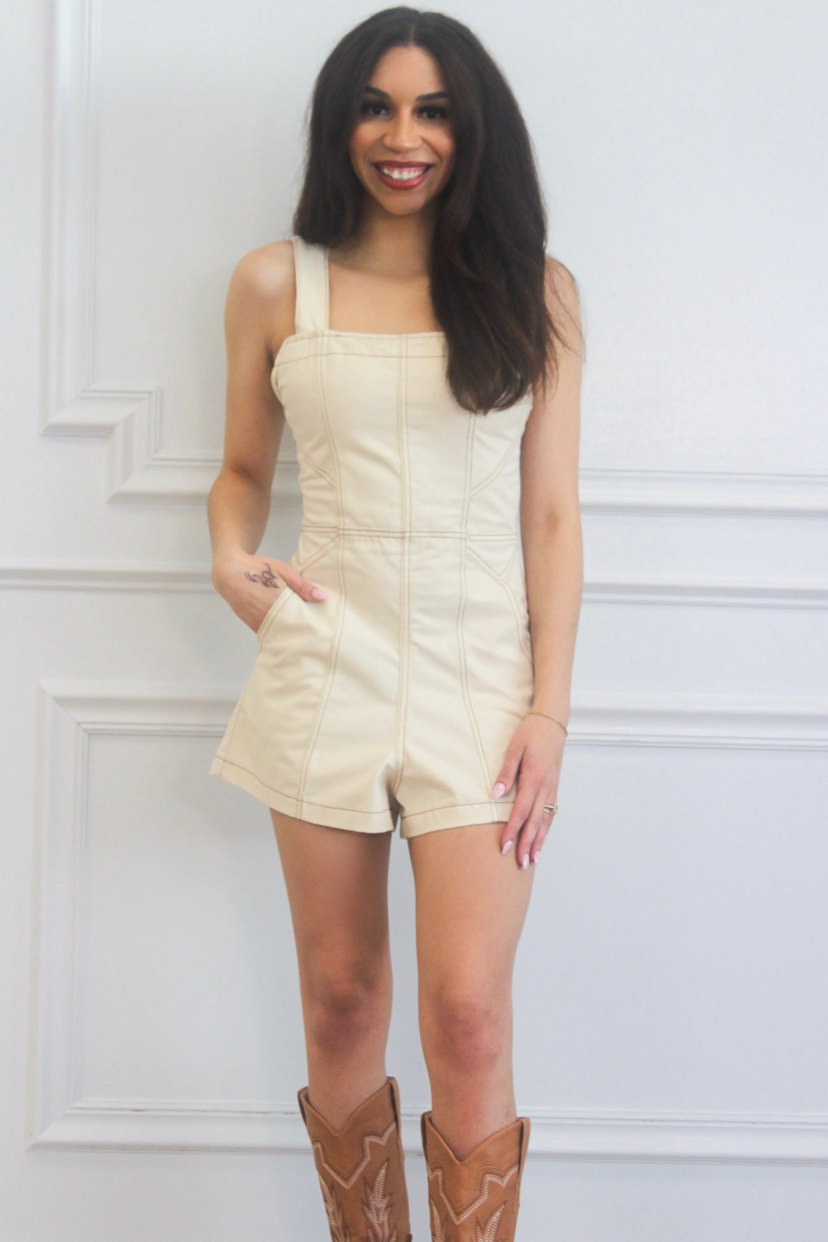 Pierre Square Neck Denim Romper: Oatmeal sold by Bella and Bloom product image thumbnail 3