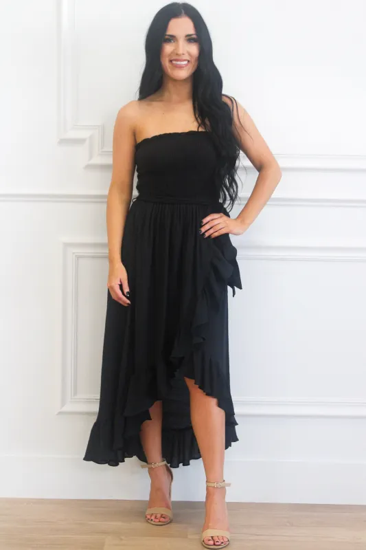 Kellie Smocked Midi Dress: Black sold by Bella and Bloom