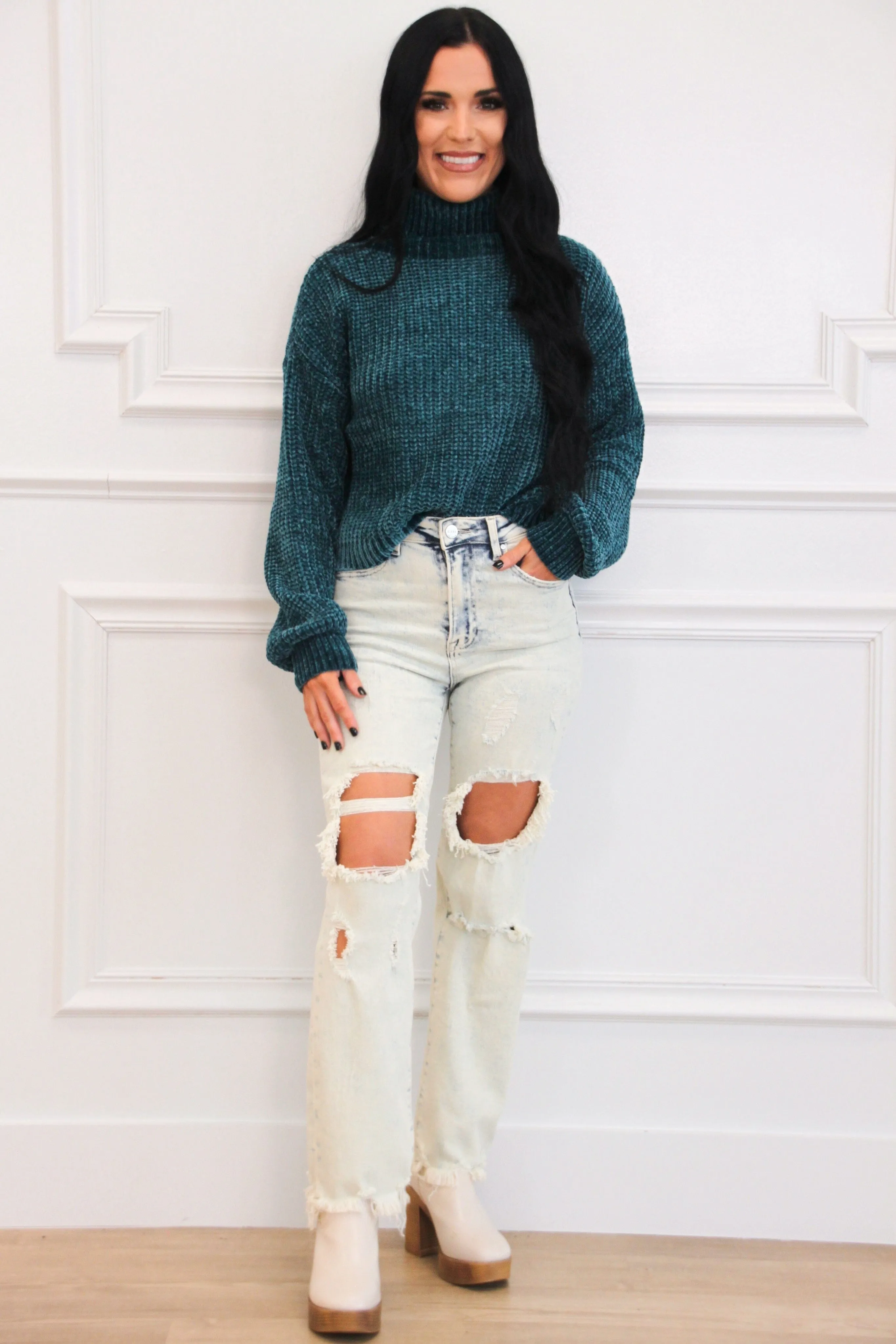 Winter Wishes Chenille Turtleneck Sweater: Teal sold by Bella and Bloom