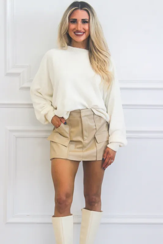 Cove Faux Leather Pocket Skort: Taupe sold by Bella and Bloom