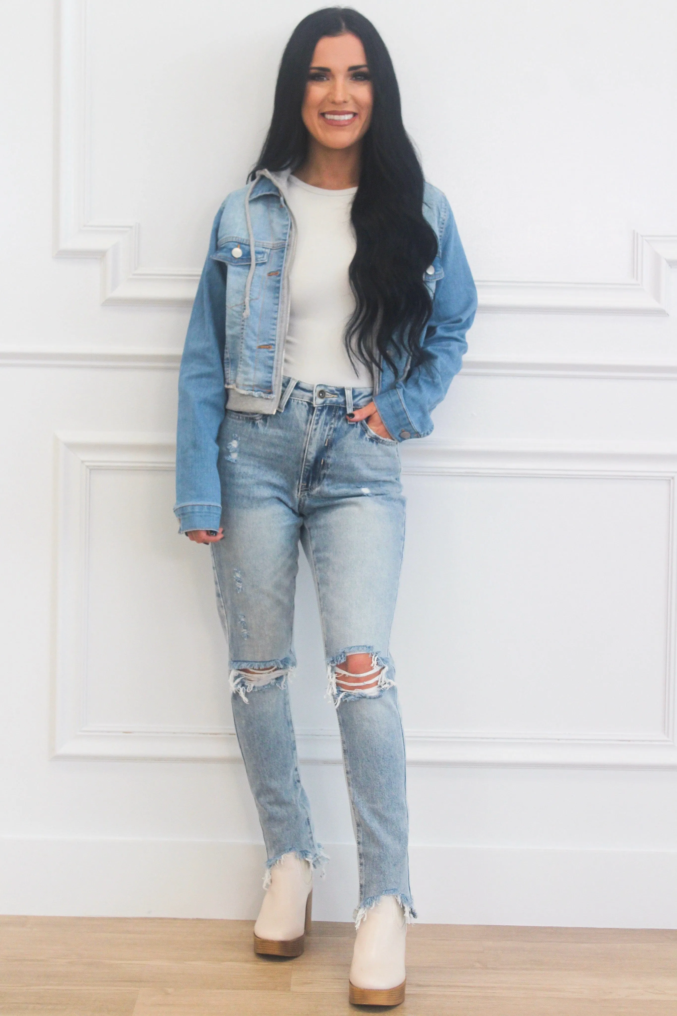 Sara Denim Hoodie Jacket: Blue sold by Bella and Bloom