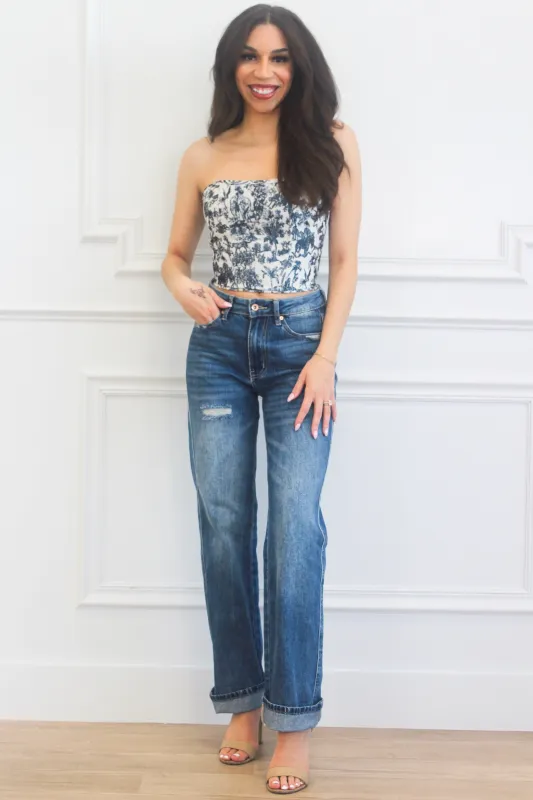 Scottie Strapless Lace Up Crop Top: Navy sold by Bella and Bloom