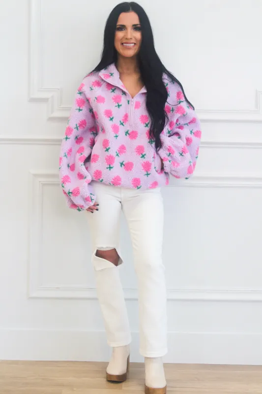 Sweetest Girl Sherpa Floral Quarter Zip Pullover: Lavender sold by Bella and Bloom