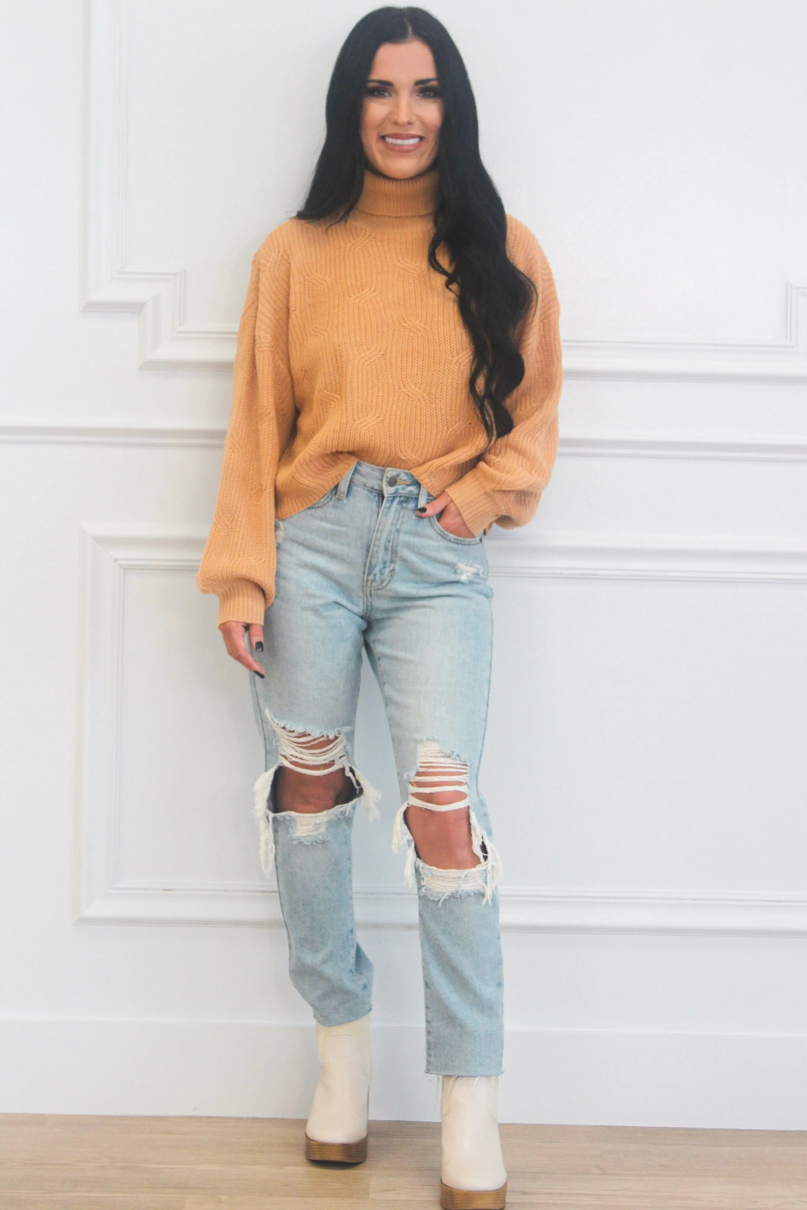 Cleo Turtleneck Sweater: Tan sold by Bella and Bloom