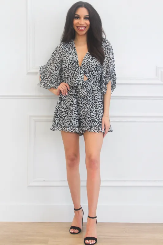 Spotted Crush Tie Romper: Black sold by Bella and Bloom