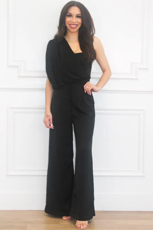 Swept Up in Your Love One Shoulder Jumpsuit: Black sold by Bella and Bloom