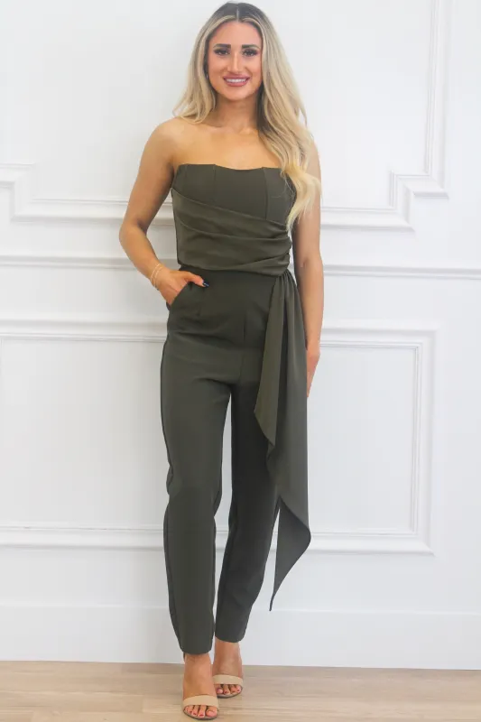 Marina Strapless Jumpsuit: Dark Olive sold by Bella and Bloom
