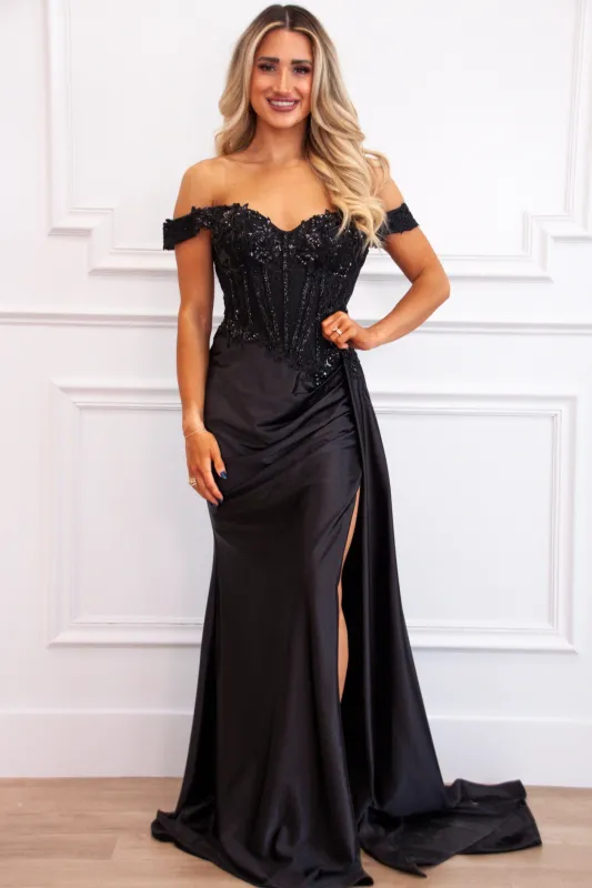 Zariah Off Shoulder Lace Embellished Satin Bustier Formal Dress: Black sold by Bella and Bloom