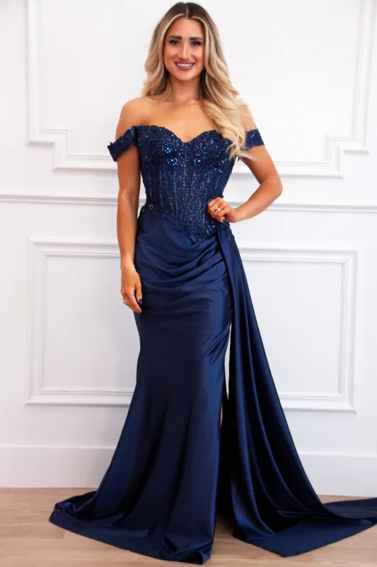 Zariah Off Shoulder Lace Embellished Satin Bustier Formal Dress: Navy sold by Bella and Bloom