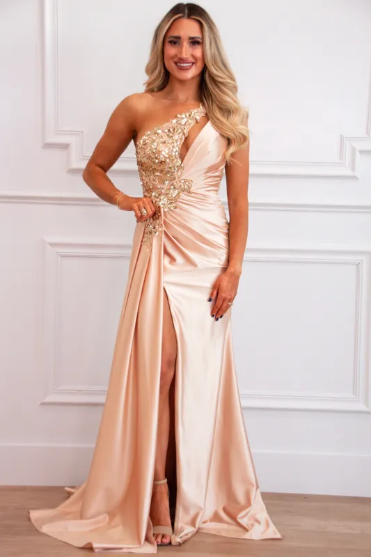 Veda One Shoulder Embellished Satin Slit Formal Dress: Champagne Gold sold by Bella and Bloom