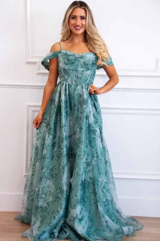 Garden Wedding Organza Off Shoulder Floral Maxi Dress: Sage sold by Bella and Bloom