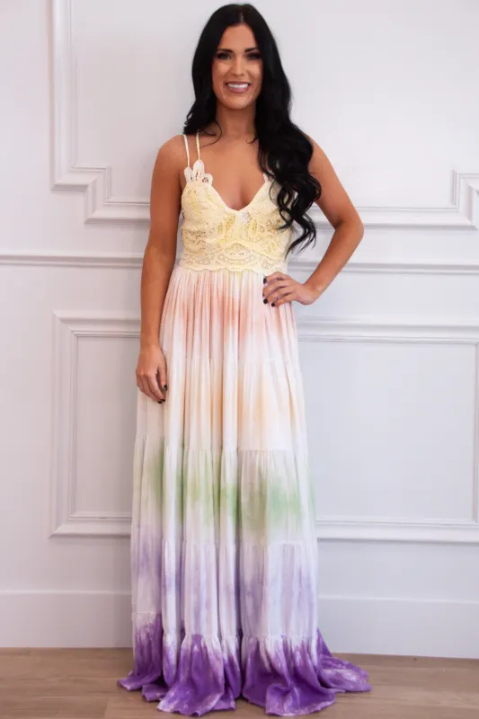 Take You Dancing Maxi Dress: Rainbow Multi sold by Bella and Bloom