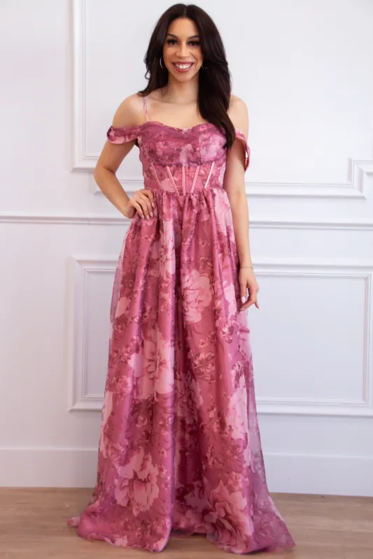Garden Wedding Organza Off Shoulder Floral Maxi Dress: Mauve sold by Bella and Bloom