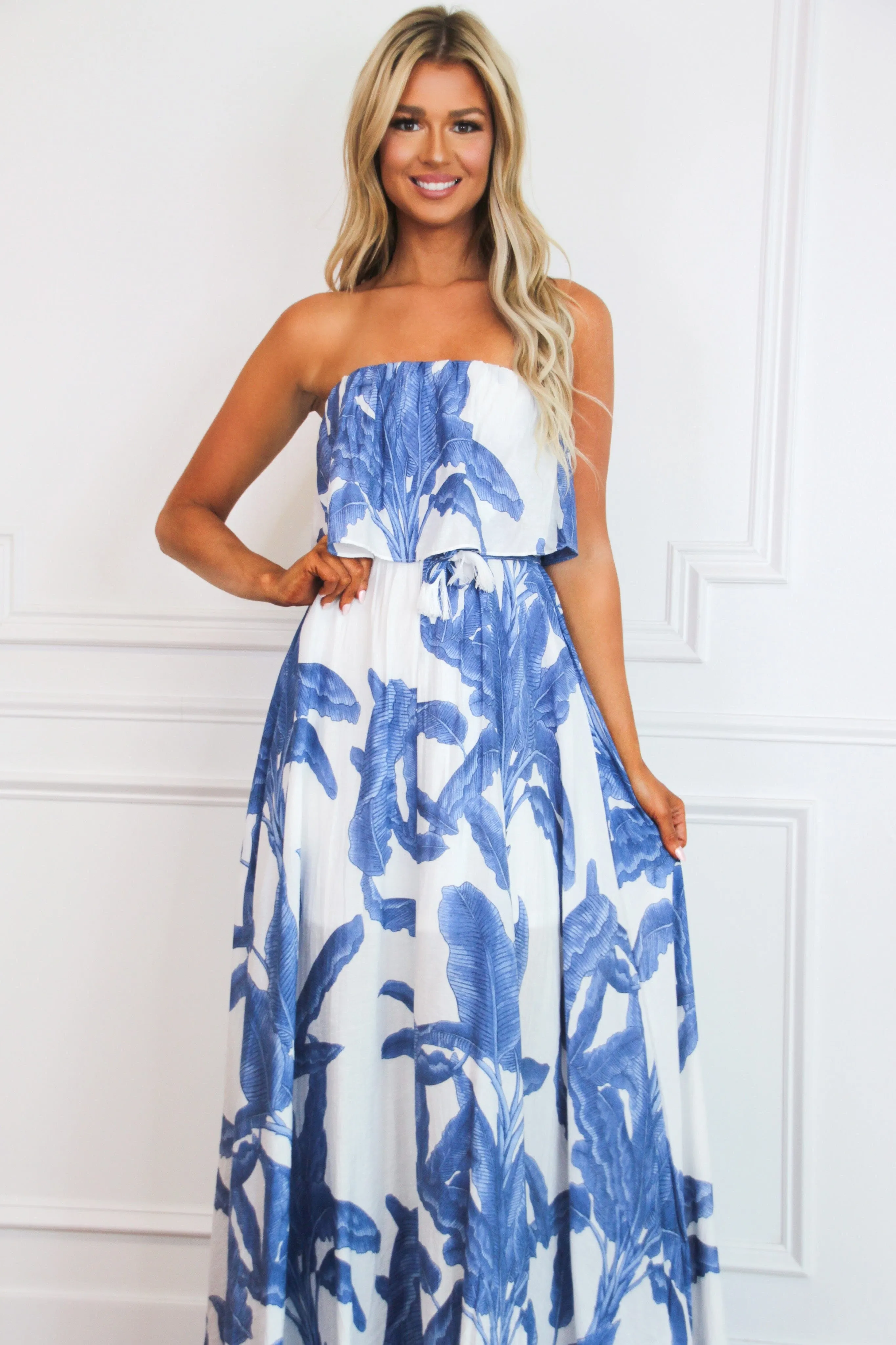Palm Beach Strapless Maxi Dress: White/Blue sold by Bella and Bloom product image thumbnail 2