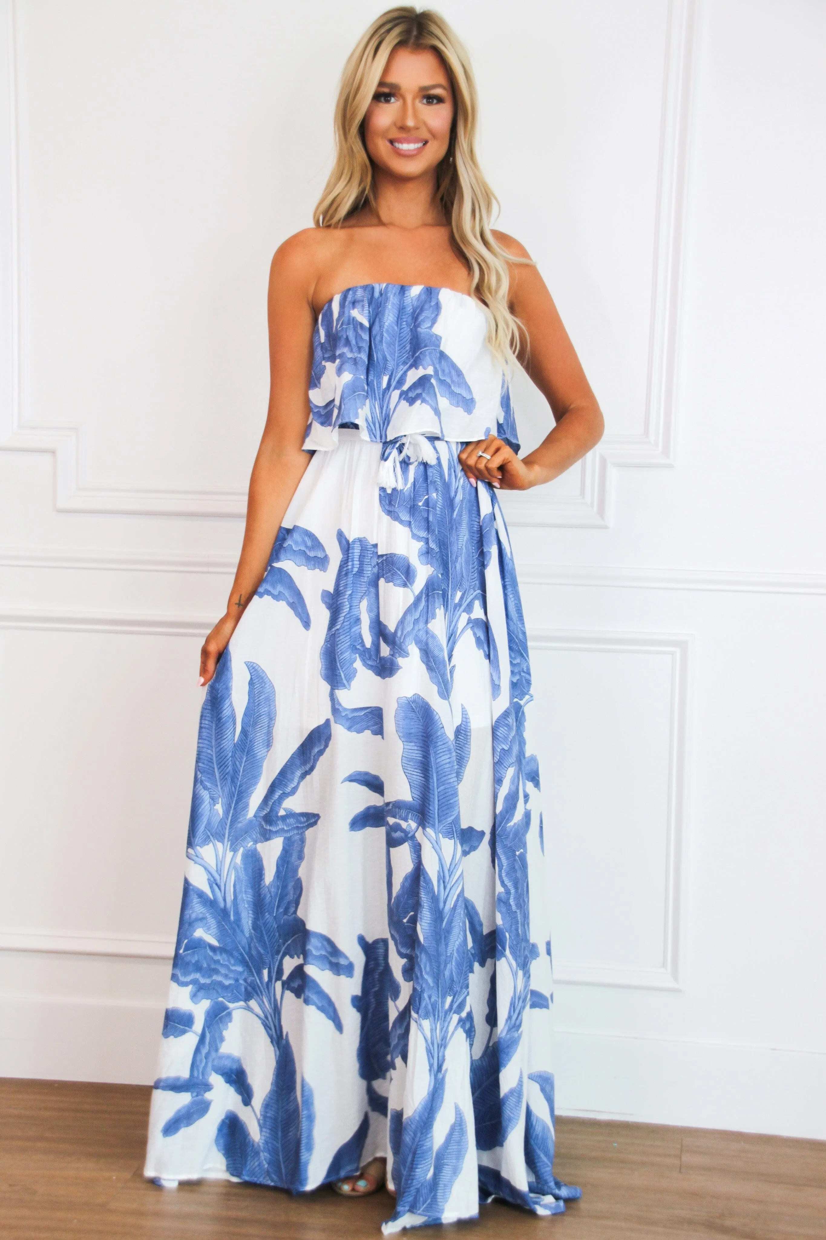 Palm Beach Strapless Maxi Dress: White/Blue sold by Bella and Bloom