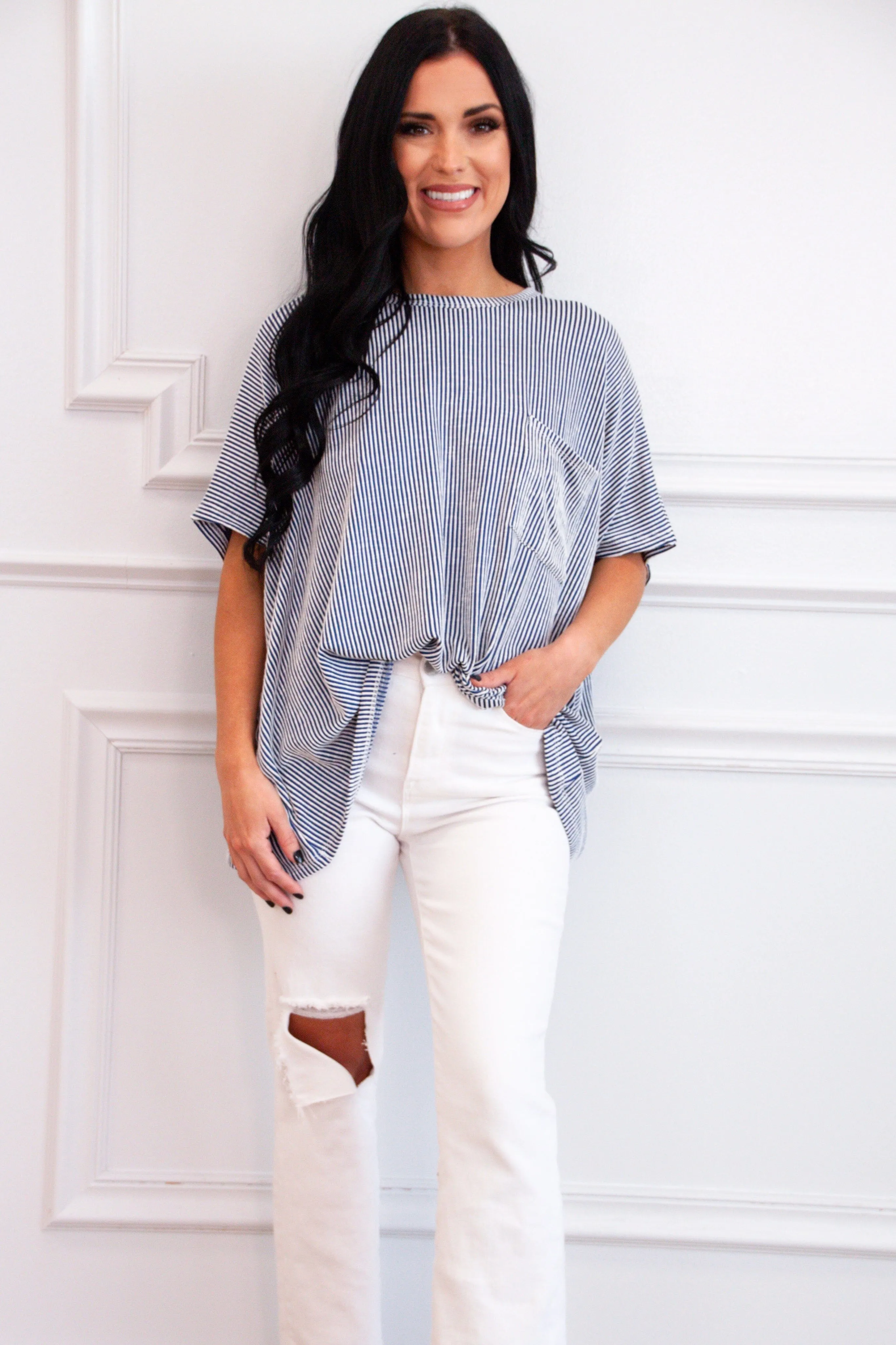 Ellison Corded Rib Oversized Pocket Top: Navy sold by Bella and Bloom product image thumbnail 2