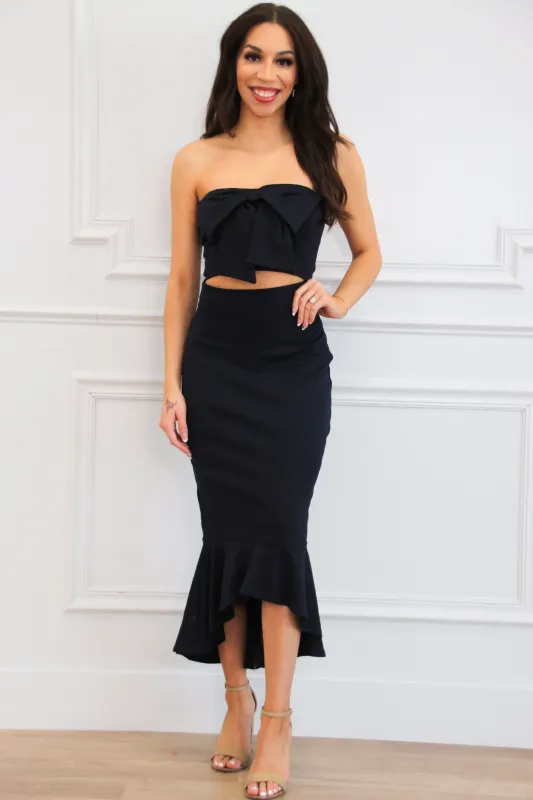 Brayley Strapless Cutout Bow Ruffle Midi Dress: Dark Navy sold by Bella and Bloom