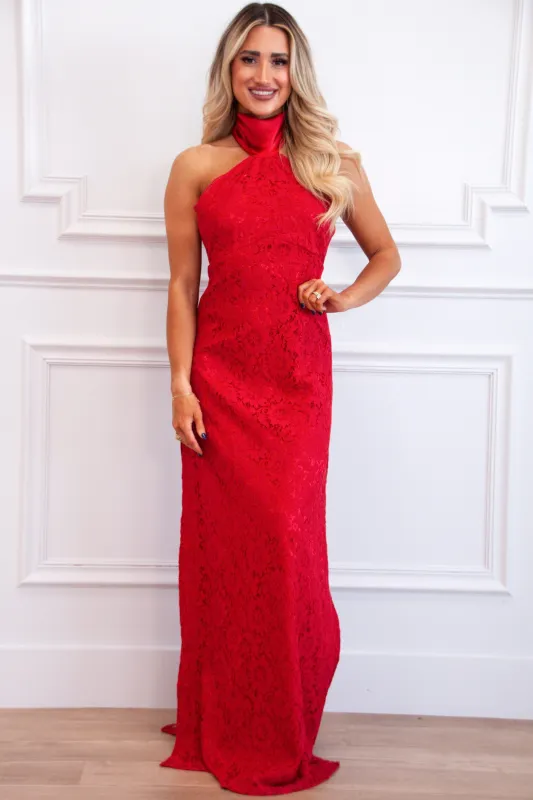 Delilah Lace Halter Neck Maxi Dress: Red sold by Bella and Bloom