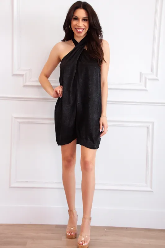 Vivenda High Neck Satin Dress: Black sold by Bella and Bloom
