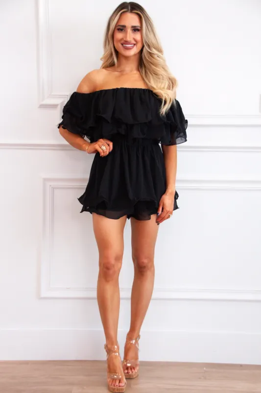 Channing Ruffle Off Shoulder Romper: Black sold by Bella and Bloom