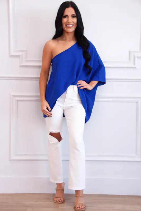 By Your Side One Shoulder Top: Royal Blue sold by Bella and Bloom