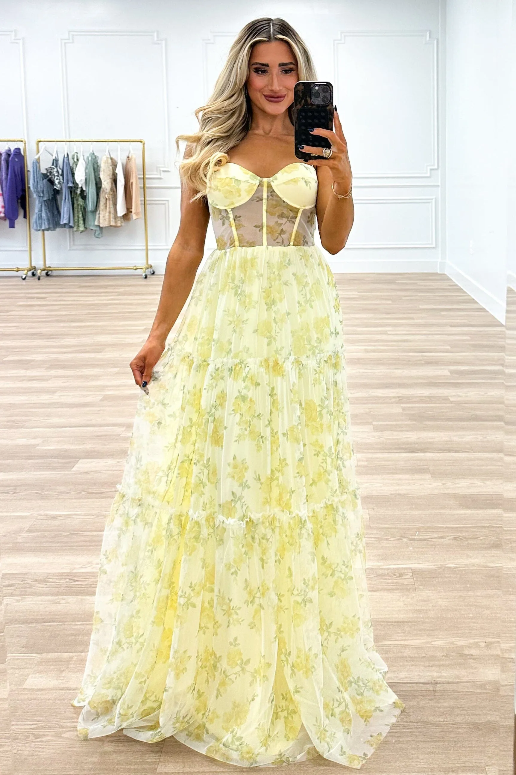 Field of Daisies Floral Bustier Maxi Dress: Yellow sold by Bella and Bloom