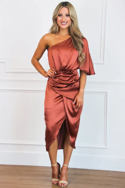 Back to You One Shoulder Midi Dress: Rust sold by Bella and Bloom