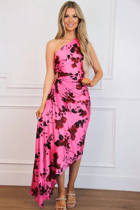 Novelle One Shoulder Pleated Floral Asymmetrical Maxi Dress: Rose Pink sold by Bella and Bloom