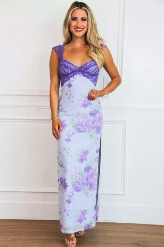 Mavis Floral Lace Maxi Dress: Light Blue/Purple Multi sold by Bella and Bloom