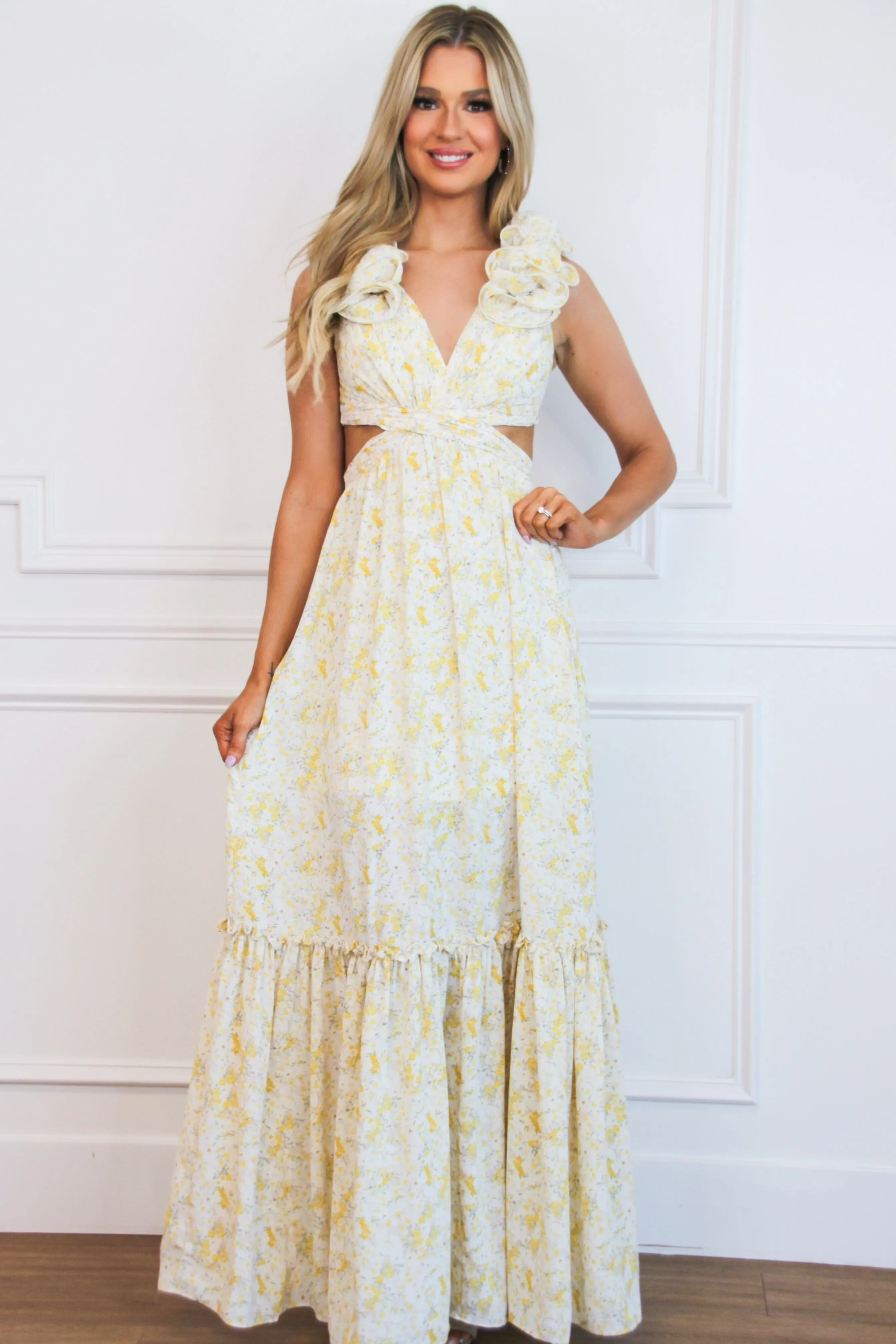 Floral Fantasy Ruffle Cutout Maxi Dress: Ivory Mult sold by Bella and Bloom