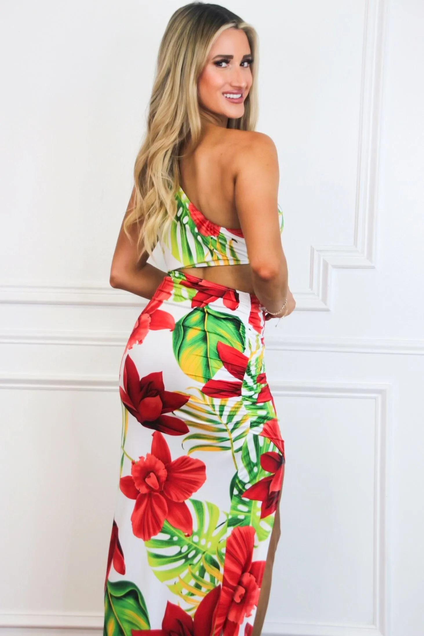 Ava Cutout One Shoulder Maxi Dress: HAWAIIAN WHITE/RED FLORAL sold by Bella and Bloom product image thumbnail 3