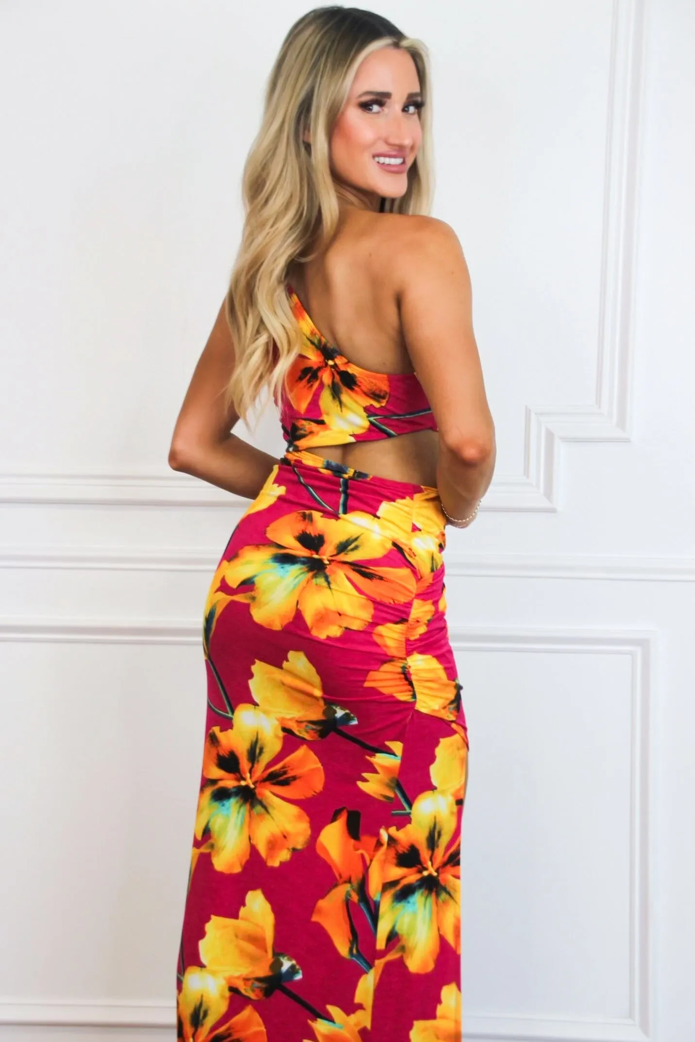 Ava Cutout One Shoulder Maxi Dress: Hot Pink/Orange Floral Multi sold by Bella and Bloom product image thumbnail 3
