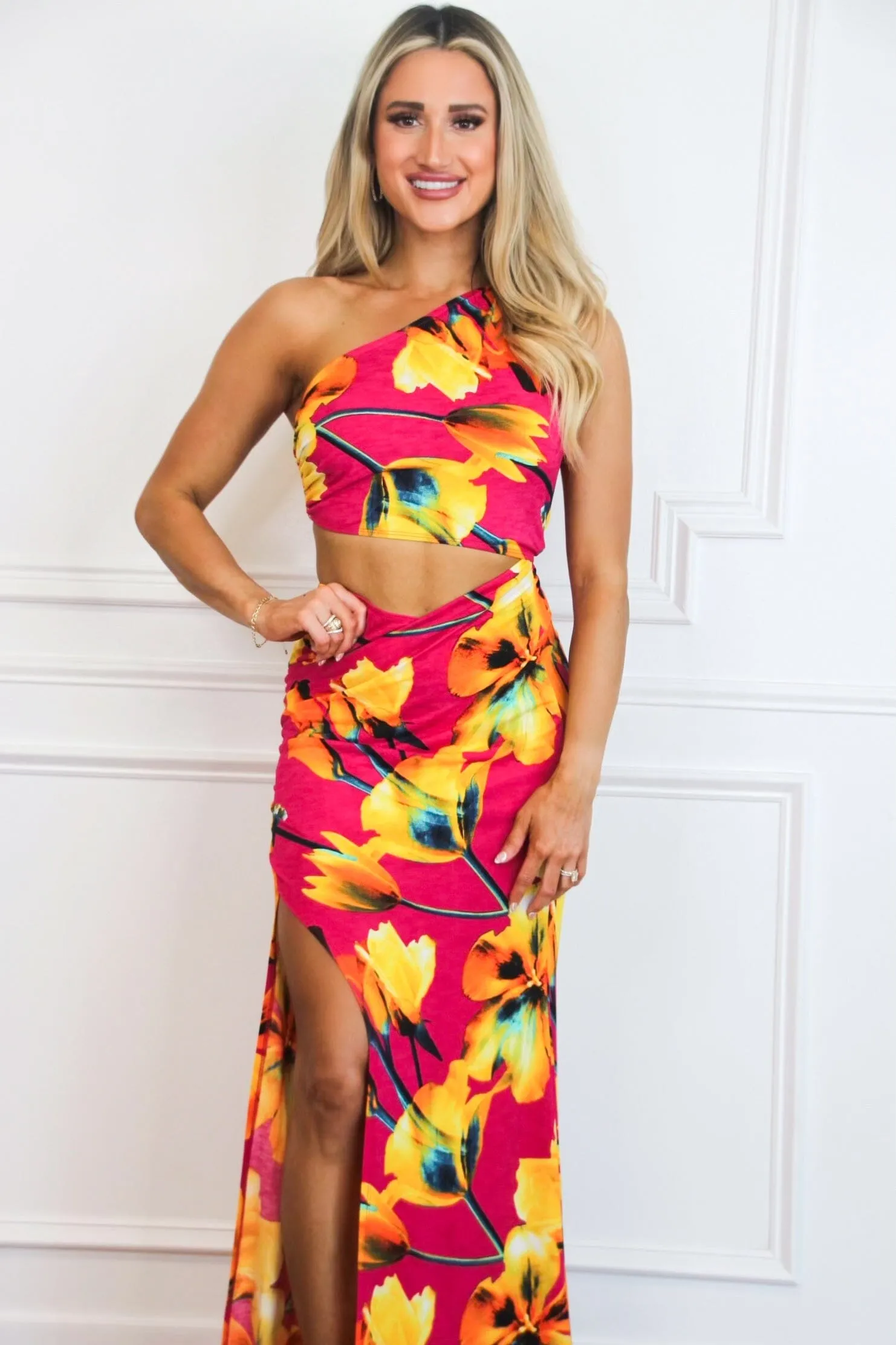 Ava Cutout One Shoulder Maxi Dress: Hot Pink/Orange Floral Multi sold by Bella and Bloom product image thumbnail 2