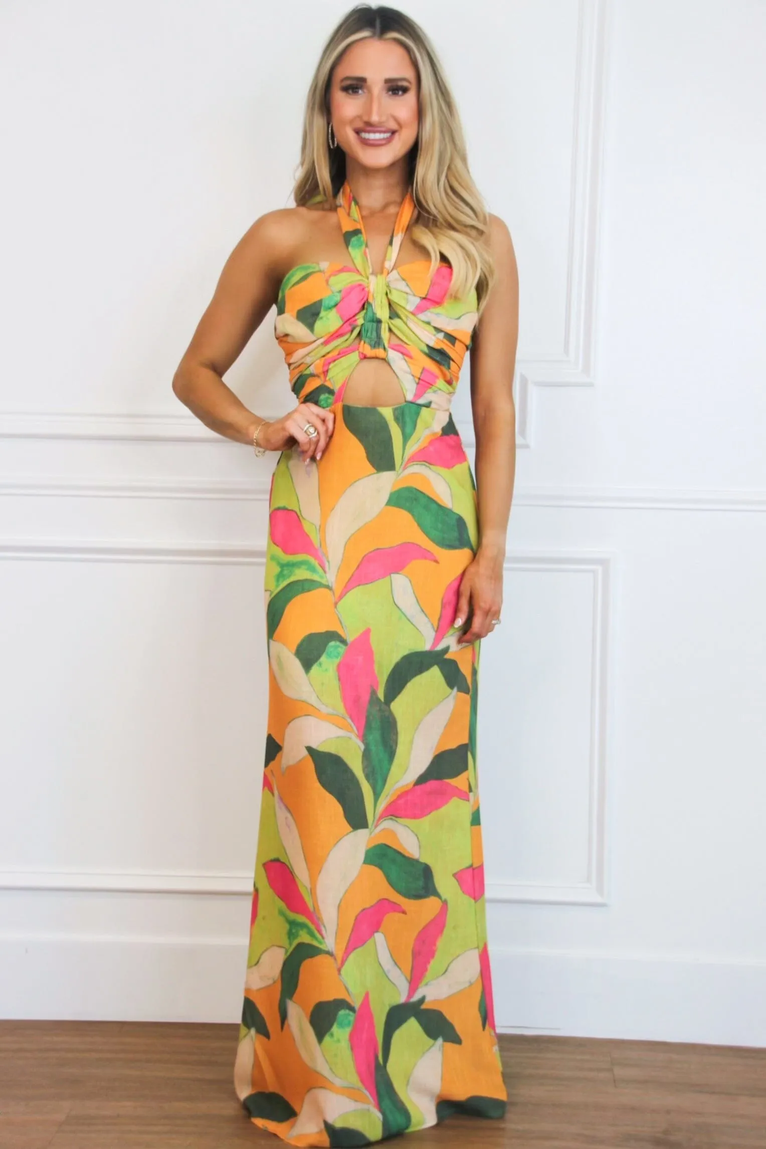 Aura Halter Floral Maxi Dress: Orange/Lime Multi sold by Bella and Bloom